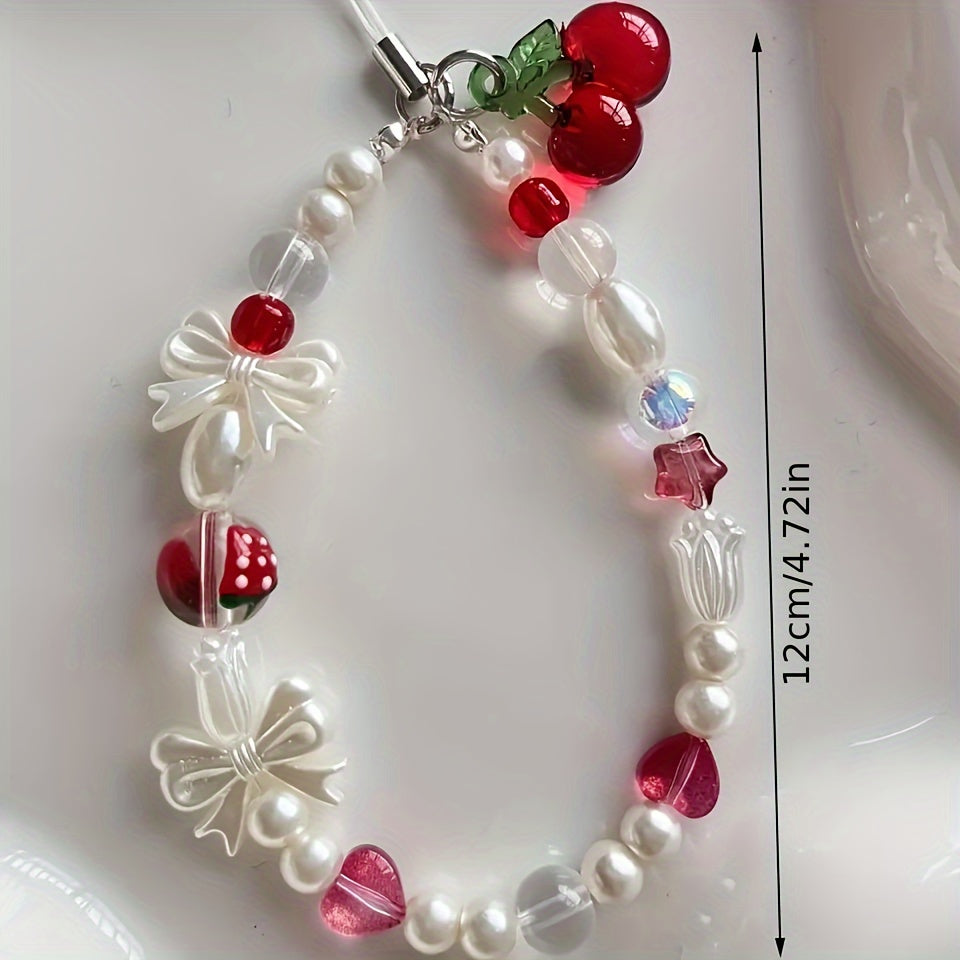 Cherry and Butterfly Bow Handmade Beaded Phone Charm with Resin Pearls - 1 Piece Cute Pearlized Accessory for Cell Phone Case and Bag Decoration