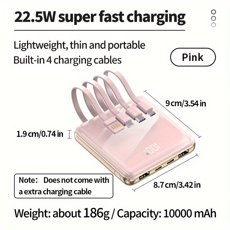 10000mAh Mini Power Bank Portable Battery Piece with LED Power Display - Ideal for SamSung, Xiaomi, for iPhone 6\u002F7\u002F8\u002F10\u002F11\u002F12 Mini, 13\u002F14\u002F15 Pro Max & More - Includes Multi-Function Cables