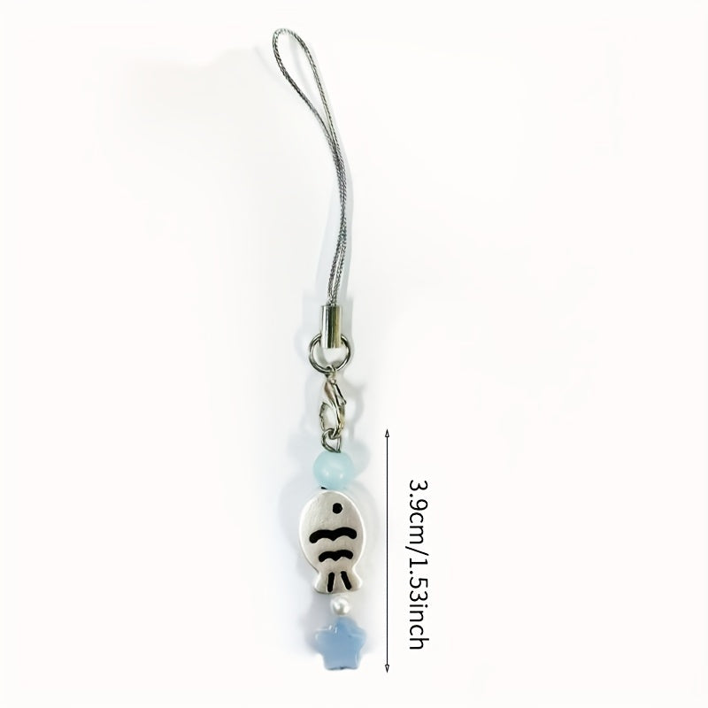 1pc Cute Cartoon Fish Charm, Silver Keychain with Bead Accents, Phone Lanyard, Adorable Bag & Earphone Accessory, Resin Material, Mobile Phone Decor
