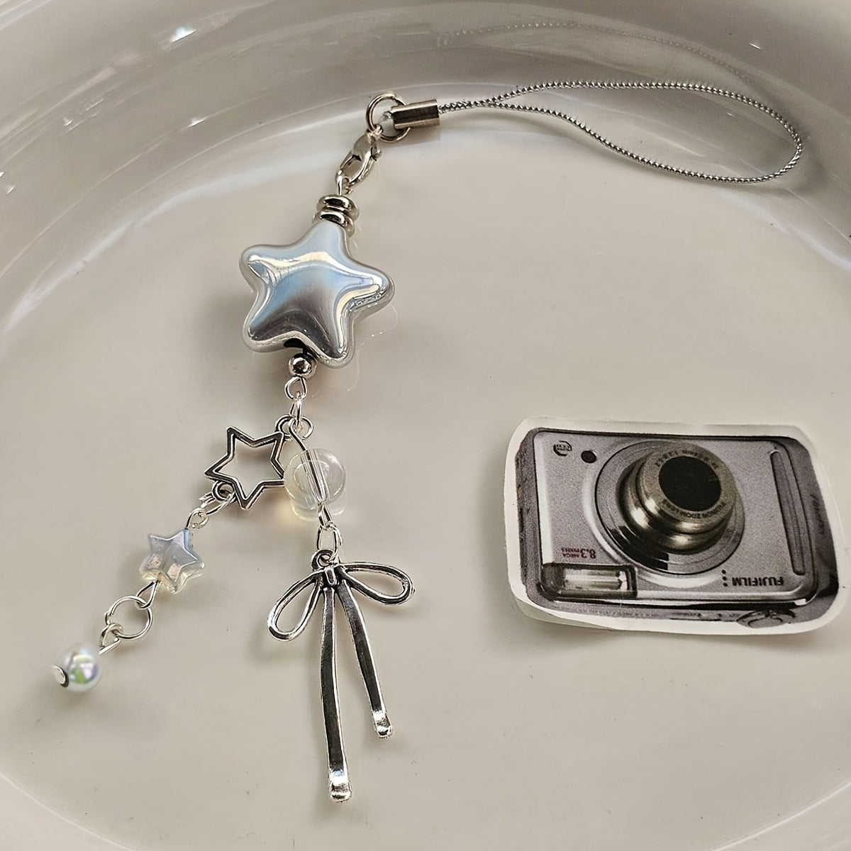 Star-Shaped Keychain Decor, 1-Pack Cute Star Pendant Phone Chain Accessory with Faux Pearls and Bow Knot, Personalized Charm for Phone Case, Handbag, Camera - ABS Material