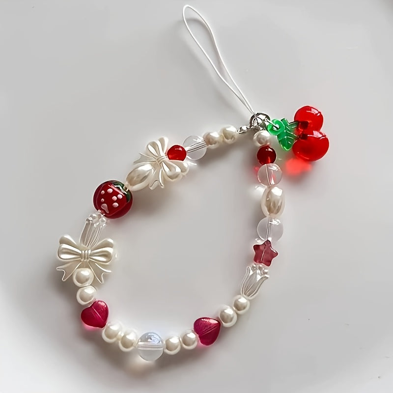 Cherry and Butterfly Bow Handmade Beaded Phone Charm with Resin Pearls - 1 Piece Cute Pearlized Accessory for Cell Phone Case and Bag Decoration