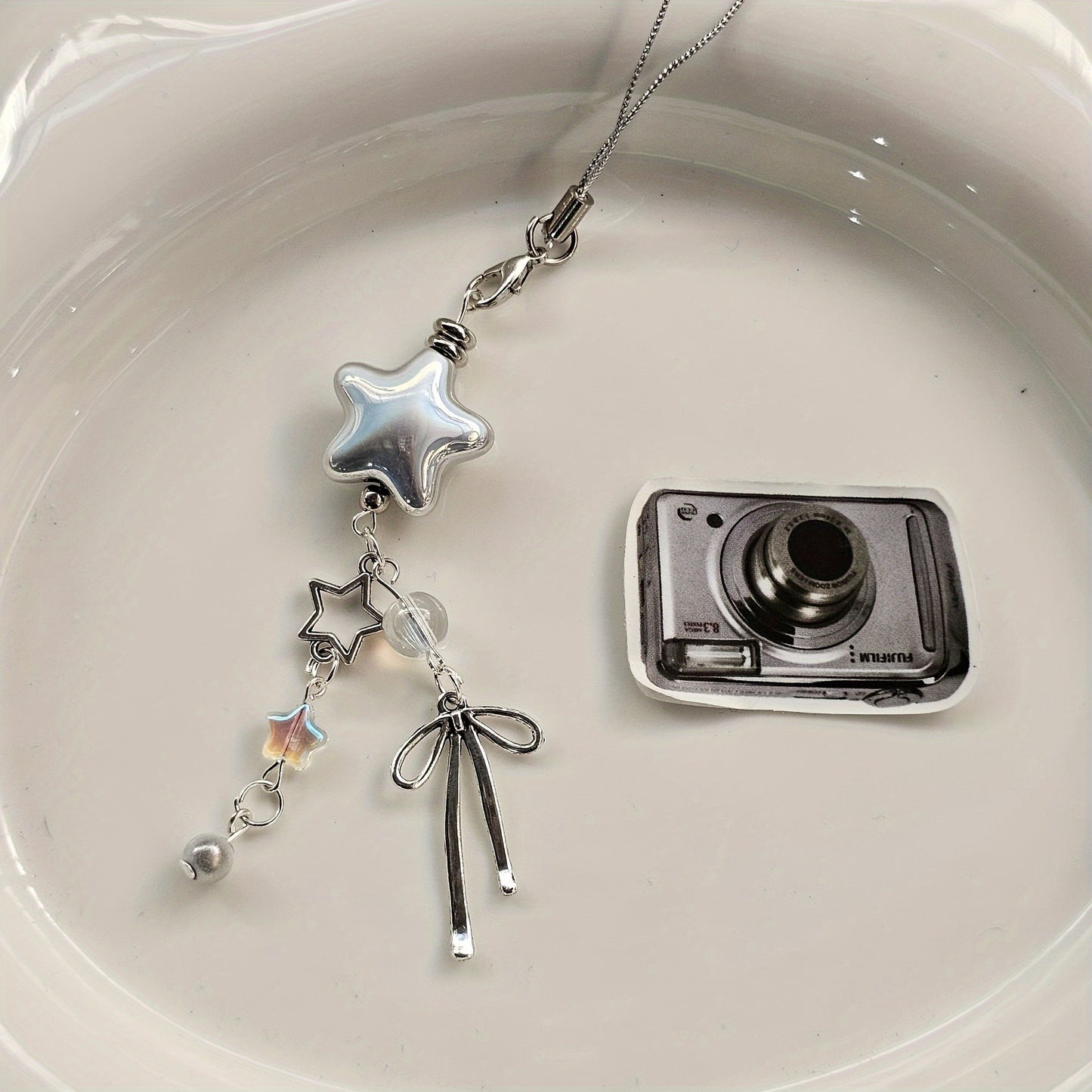 Star-Shaped Keychain Decor, 1-Pack Cute Star Pendant Phone Chain Accessory with Faux Pearls and Bow Knot, Personalized Charm for Phone Case, Handbag, Camera - ABS Material