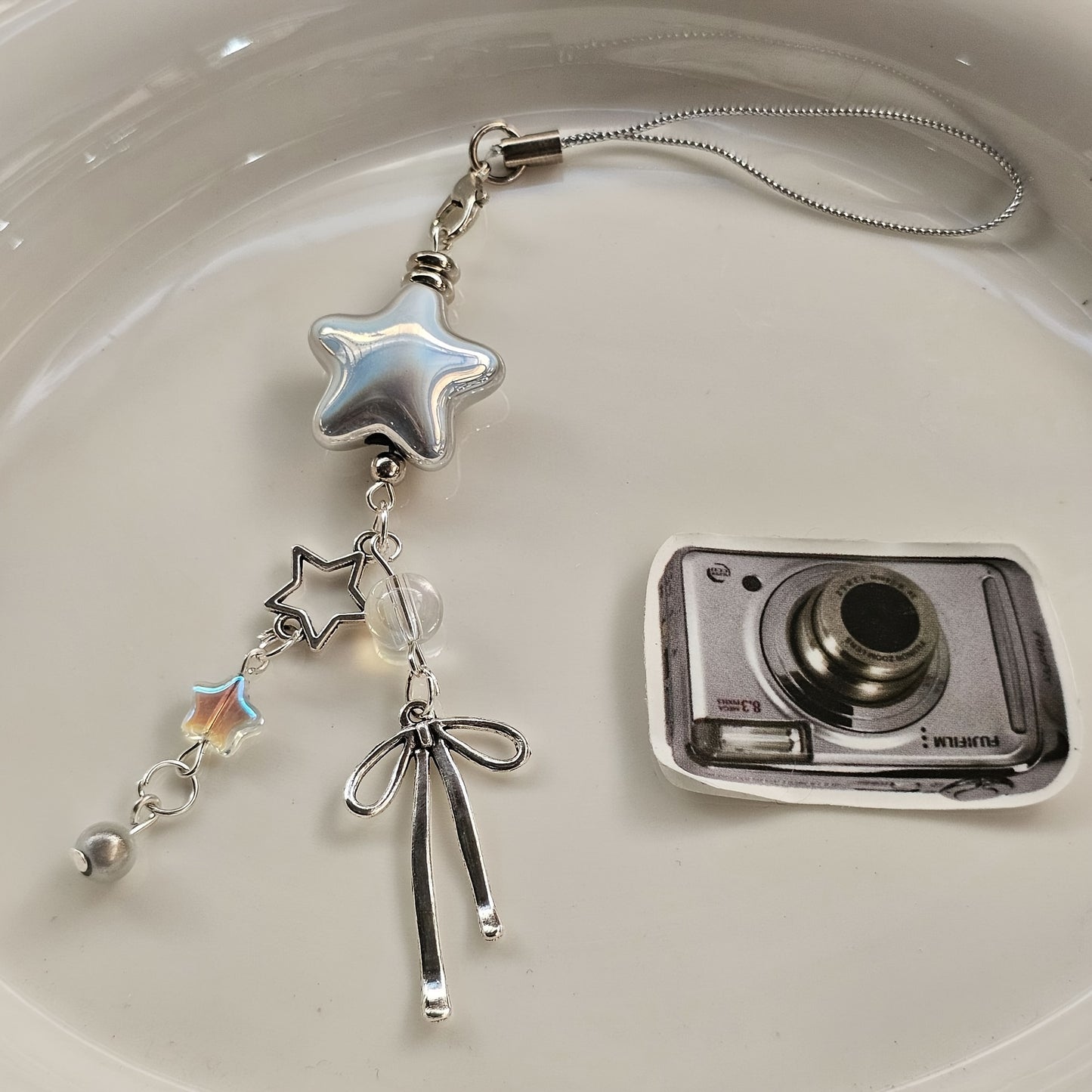 Star-Shaped Keychain Decor, 1-Pack Cute Star Pendant Phone Chain Accessory with Faux Pearls and Bow Knot, Personalized Charm for Phone Case, Handbag, Camera - ABS Material