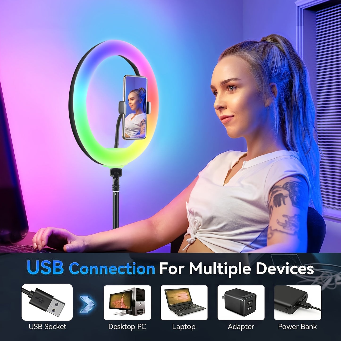 52 inch tripod with 10 inch ring light, expandable tripod, selfie ring light with phone holder, dimmable LED ring light, selfie light for makeup\u002Flive streaming\u002Fphotography