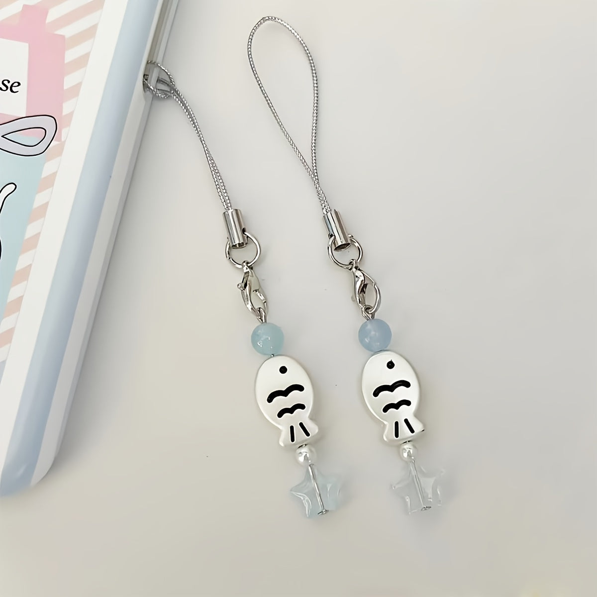 1pc Cute Cartoon Fish Charm, Silver Keychain with Bead Accents, Phone Lanyard, Adorable Bag & Earphone Accessory, Resin Material, Mobile Phone Decor