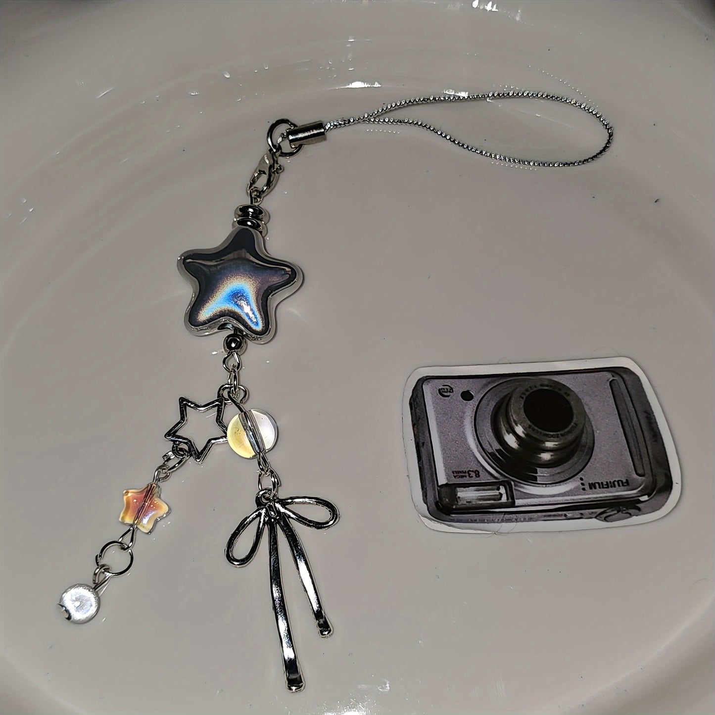 Star-Shaped Keychain Decor, 1-Pack Cute Star Pendant Phone Chain Accessory with Faux Pearls and Bow Knot, Personalized Charm for Phone Case, Handbag, Camera - ABS Material