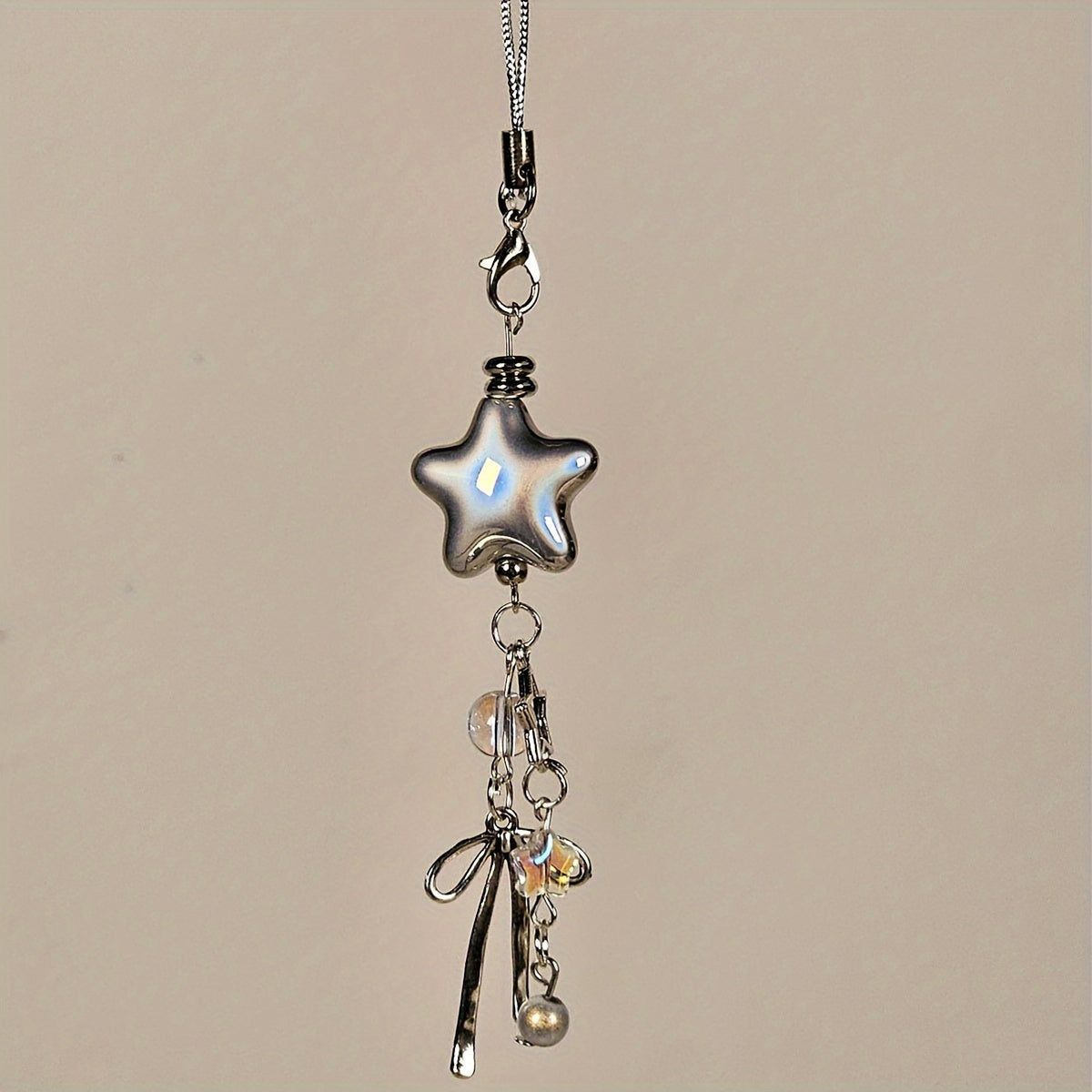 Star-Shaped Keychain Decor, 1-Pack Cute Star Pendant Phone Chain Accessory with Faux Pearls and Bow Knot, Personalized Charm for Phone Case, Handbag, Camera - ABS Material