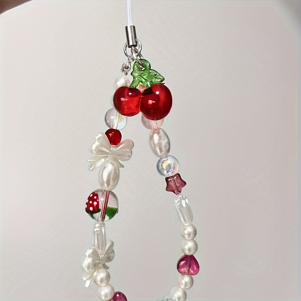 Cherry and Butterfly Bow Handmade Beaded Phone Charm with Resin Pearls - 1 Piece Cute Pearlized Accessory for Cell Phone Case and Bag Decoration