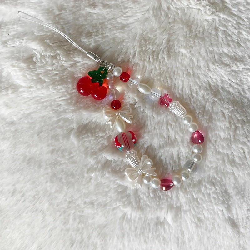 Cherry and Butterfly Bow Handmade Beaded Phone Charm with Resin Pearls - 1 Piece Cute Pearlized Accessory for Cell Phone Case and Bag Decoration