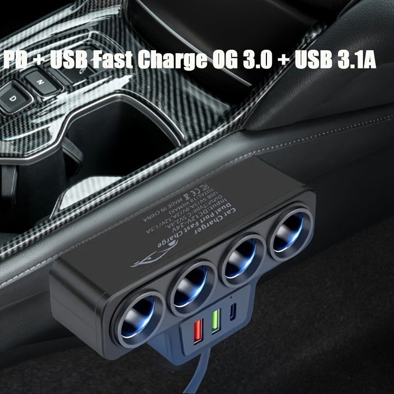 1pc FastChargePro 120W 4-Socket Car Multi-Charger Adapter with PD, QC3.0, Dual USB & 1PD Ports, Quick Charge Power Adapter for 12V\u002F24V Vehicles, Compatible with GPS, Dash Cam, Mobile Phone & More
