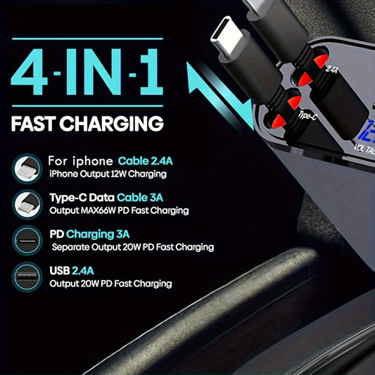 60W 4-in-1 Retractable Fast Car Charger - Rapid Charging, 2 Ports, Long Cable, Compatible with iPhone 15\u002F14\u002F13\u002F12\u002F11 Pro Max, Samsung S23, Pixel, and More - Durable, Compact, and Easy to Use