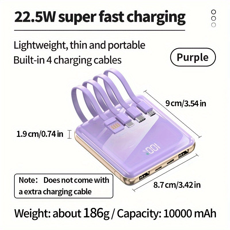 10000mAh Mini Power Bank Portable Battery Piece with LED Power Display - Ideal for SamSung, Xiaomi, for iPhone 6\u002F7\u002F8\u002F10\u002F11\u002F12 Mini, 13\u002F14\u002F15 Pro Max & More - Includes Multi-Function Cables