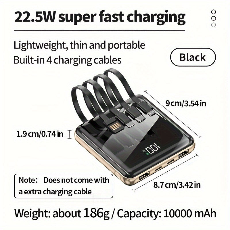 10000mAh Mini Power Bank Portable Battery Piece with LED Power Display - Ideal for SamSung, Xiaomi, for iPhone 6\u002F7\u002F8\u002F10\u002F11\u002F12 Mini, 13\u002F14\u002F15 Pro Max & More - Includes Multi-Function Cables