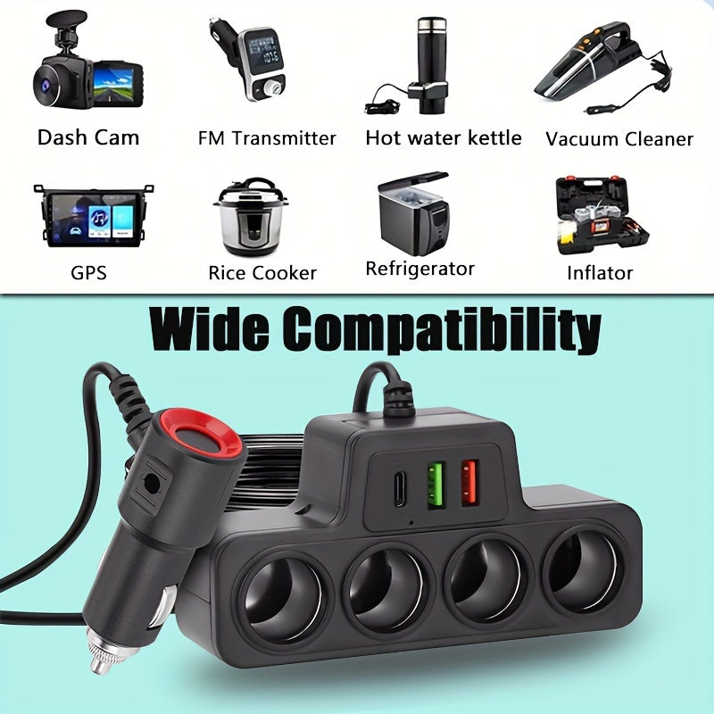 1pc FastChargePro 120W 4-Socket Car Multi-Charger Adapter with PD, QC3.0, Dual USB & 1PD Ports, Quick Charge Power Adapter for 12V\u002F24V Vehicles, Compatible with GPS, Dash Cam, Mobile Phone & More