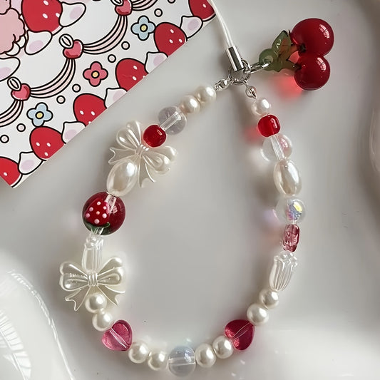 Cherry and Butterfly Bow Handmade Beaded Phone Charm with Resin Pearls - 1 Piece Cute Pearlized Accessory for Cell Phone Case and Bag Decoration