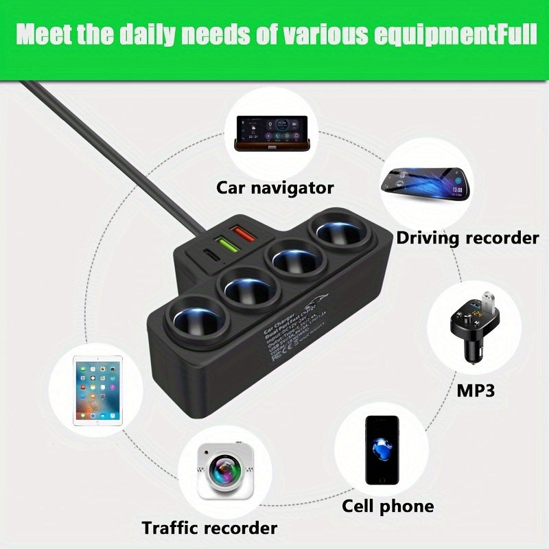 1pc FastChargePro 120W 4-Socket Car Multi-Charger Adapter with PD, QC3.0, Dual USB & 1PD Ports, Quick Charge Power Adapter for 12V\u002F24V Vehicles, Compatible with GPS, Dash Cam, Mobile Phone & More