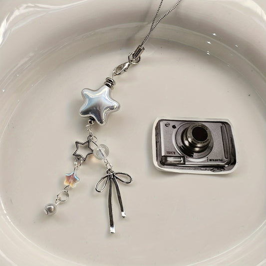 Star-Shaped Keychain Decor, 1-Pack Cute Star Pendant Phone Chain Accessory with Faux Pearls and Bow Knot, Personalized Charm for Phone Case, Handbag, Camera - ABS Material