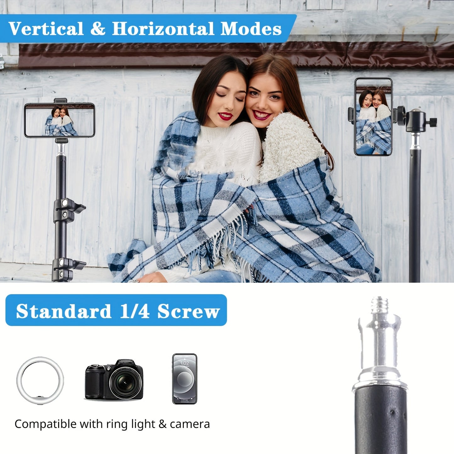 63 Inch Expandable Metal Tripod - Mobile Phone Holder with Phone Clip for Portable Outdoor Shooting and Live Streaming Photography