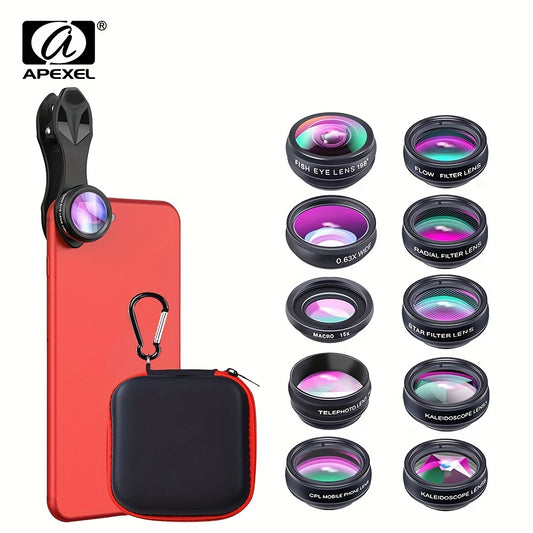 APEXEL Phone Camera Lens-Macro Lens+Wide Lens+Fisheye Lens+Telephoto Lens+CPL\u002FFlow\u002FRadial\u002FStar Filter+Kaleidoscope 3\u002F6 Lens 10in 1 Lens Kit for iPhone, Samsung,LG and Most Smartphones