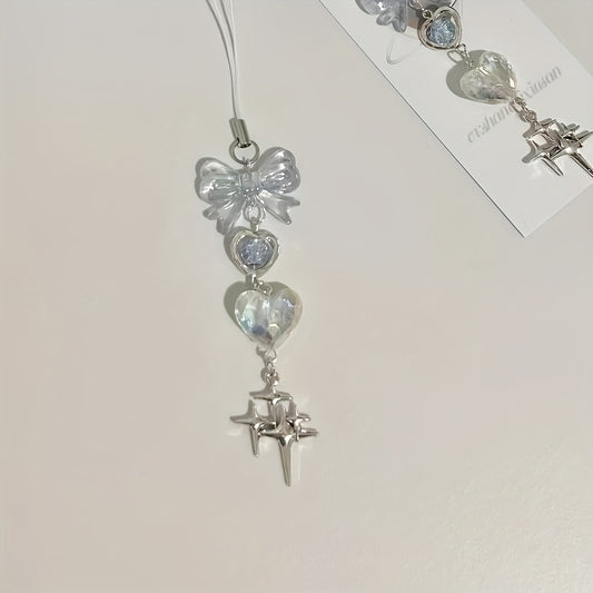 Resin Blue Heart & Bow Design, Fashionable Phone Charm, Keychain, Camera Bag Pendant, Clear Mobile Phone Accessory, Resin Material