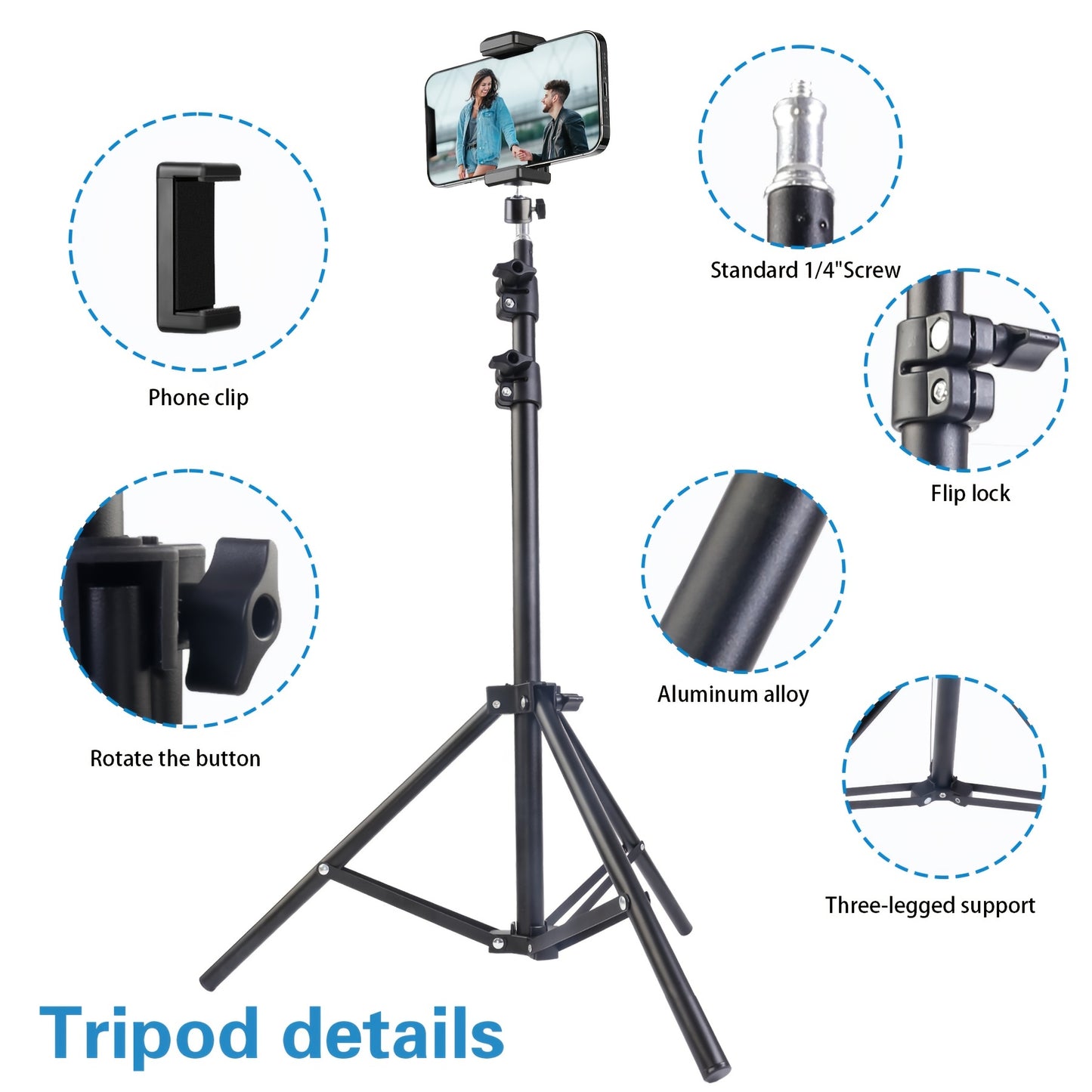 63 Inch Expandable Metal Tripod - Mobile Phone Holder with Phone Clip for Portable Outdoor Shooting and Live Streaming Photography